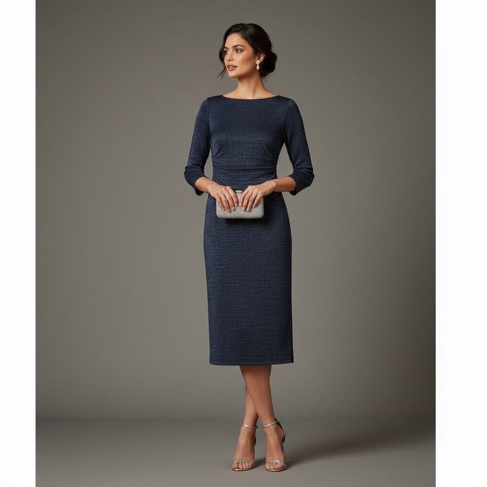 Chaps Navy Glitter Ruched Bodycon Cocktail Dress-3/4 Sleeve Sz.S